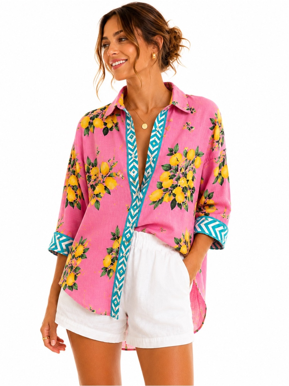 Antica Sartoria Pink Lemon Print Cotton Tunic Shirt Italy Resort Size L